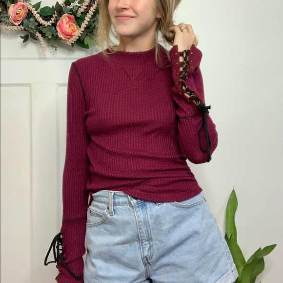 Free People Tops - Free People Maroon Waffle Knit Lace Up Wrist Top